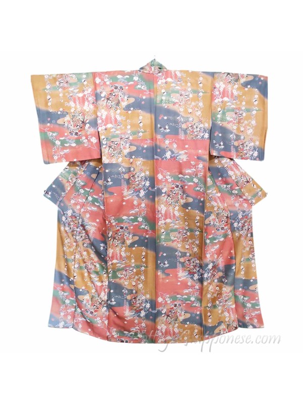 Komon kimono con carri e fiori bianchi